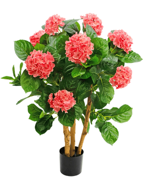 L'hortensia artificiel UV 85 cm rose a plusieurs tiges, de larges feuilles vertes et des fleurs d'hortensia roses dans un pot noir, ce qui offre un contraste vivant et une apparence réaliste.