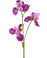 La fleur artificielle Iris 102 cm violet a une longue tige verte décorée de plusieurs fleurs d'iris violettes et blanches vibrantes, chacune avec des volants sur les pétales et des accents jaunes, sur un fond blanc uni.
