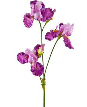 La fleur artificielle Iris 102 cm violet a une longue tige verte décorée de plusieurs fleurs d'iris violettes et blanches vibrantes, chacune avec des volants sur les pétales et des accents jaunes, sur un fond blanc uni.