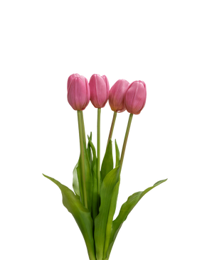 Le bouquet de tulipes artificielles Real Touch Violet 40 cm comprend quatre tulipes violettes avec des feuilles et des tiges vertes réalistes, qui se dressent debout sur un fond blanc uni.