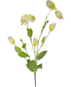 Une fleur artificielle papillon fritillaire de 94 cm avec une seule tige verte, plusieurs fleurs blanches en forme de cloche et plusieurs feuilles vertes sur un fond blanc uni.