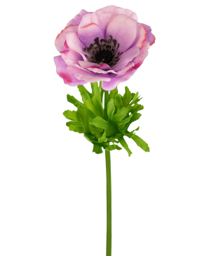 De Kunstanemoon Real Touch paars 52cm heeft een enkele paarse en roze anemoon met delicate bloemblaadjes, een donker hart, heldergroene bladeren en een lange steel, tegen een witte achtergrond.