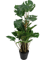 La Plante Artificielle Monstera 90 cm est une plante artificielle aux grandes feuilles vertes brillantes avec des fentes naturelles, dressées dans un pot noir sur un fond blanc uni.