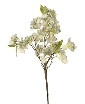 La fleur artificielle Blossom 64 cm bleue est une branche de fleur artificielle simple à tiges multiples avec des grappes de petites fleurs bleues et des feuilles vertes sur un fond blanc uni.