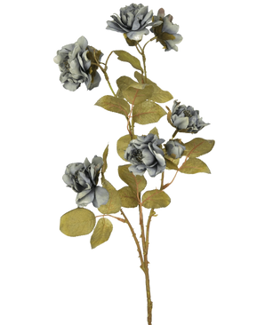 La Rose Artificielle Nero 68 cm bleue présente plusieurs roses artificielles gris-bleu avec des feuilles vertes sur de fines tiges brunes sur un fond blanc uni.