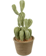 Le Cactus artificiel Cereus 35 cm a des tiges dressées vertes et nervurées dans un pot avec une structure brune et un sol brun clair, sur un fond blanc uni.