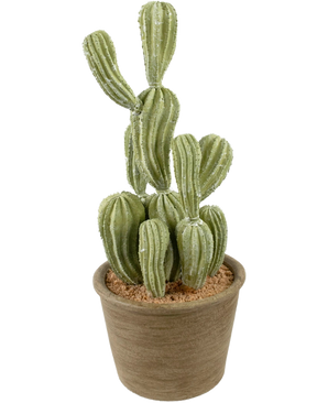 Le Cactus artificiel Cereus 35 cm a des tiges dressées vertes et nervurées dans un pot avec une structure brune et un sol brun clair, sur un fond blanc uni.