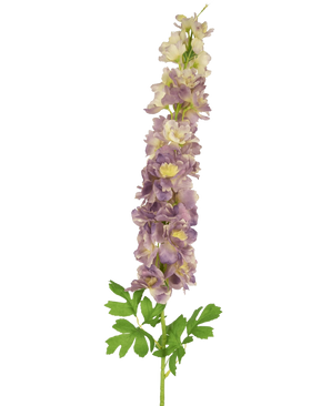 La Fleur Artificielle Delphinium 105 cm lilas est une tige artificielle de fleurs de delphinium violet clair et crème aux feuilles vertes, sur fond blanc.