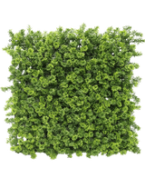 La mousse de haie artificielle 50x50 cm UV est un panneau carré dense de feuillage vert artificiel avec de petites branches de feuilles, représenté d'en haut sur un fond blanc.