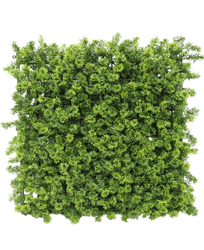 La mousse de haie artificielle 50x50 cm UV est un panneau carré dense de feuillage vert artificiel avec de petites branches de feuilles, représenté d'en haut sur un fond blanc.