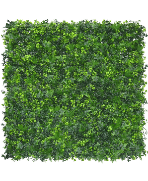 La Haie artificielle mélange mat 50x50 cm ignifuge UV est un panneau carré avec des feuilles artificielles vertes denses et mélangées, lui donnant l'apparence d'un jardin vertical luxuriant. Il est résistant aux UV et ignifuge pour une utilisation extérieure à long terme.