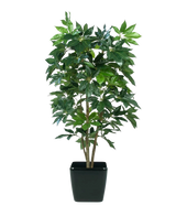 La plante artificielle Schefflera de 150 cm a de multiples tiges et des feuilles vertes brillantes, présentées dans un pot rectangulaire noir sur un fond blanc uni.