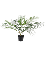 Le palmier artificiel Chamaedorea 48 cm a de longues feuilles vertes minces qui s'étalent vers l'extérieur et est présenté dans un simple pot en plastique noir sur un fond blanc uni.